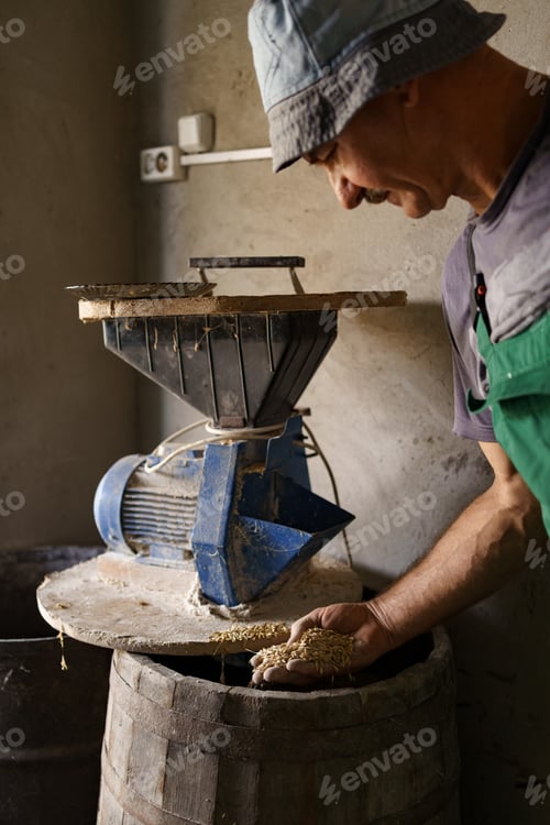 Preview: Men hands with a handful of oats on the background