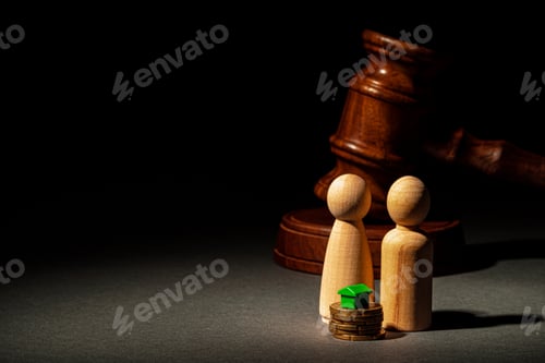 Preview: Divorse property division concept. Wooden family with house and judge gavel