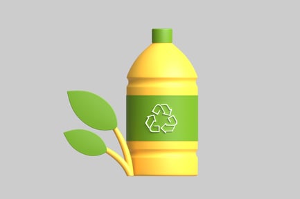 Preview: Yellow plastic bottle with green label and recycling symbol.