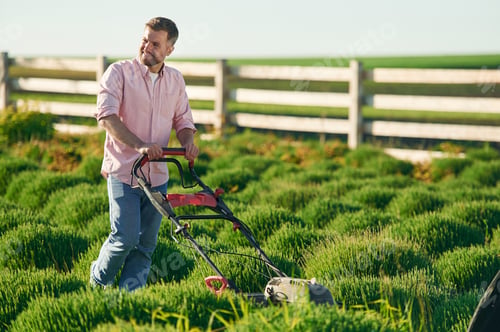 Preview: Using lawn mower. Adult farmer is outdoors