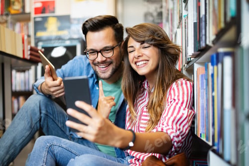 Preview: Student studying brainstorming library friends teamwork concept