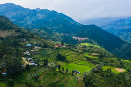 Preview: Paddy rice terraces, green agricultural fields in countryside of mountain hills valley, Vietnam.