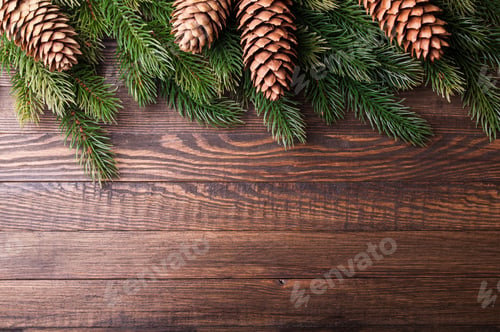 Preview: Christmas background. Christmas tree with decoration and pinecone on old wooden background
