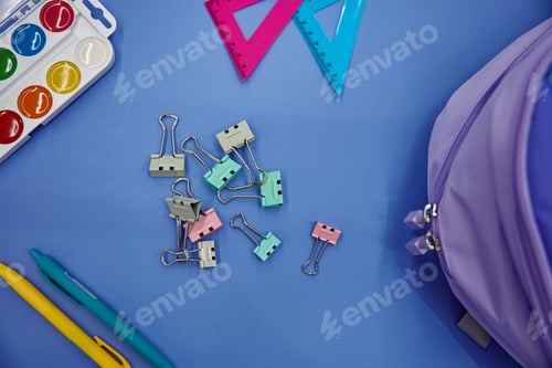 Preview: Back to school background with studying supplies flat lay