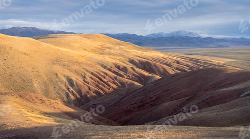 Preview: Altai Landscape in Autumn. Russia. Snow-Capped Mountains and Green Beige Hills