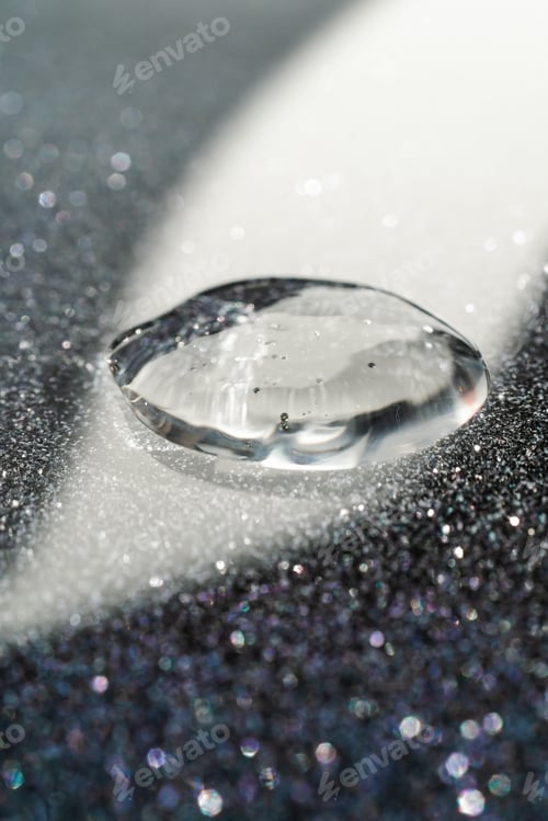 Preview: A drop of cosmetic gel on a black shining background.