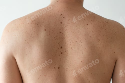 Preview: Close up detail of the bare skin on a man back with scattered moles and freckles.