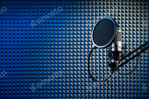 Preview: Professional microphone on the stand. Recording studio with acoustical wall panel.