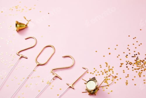 Preview: New Year 2021 Golden numbers 2021 with shiny golden stars on a pink background
