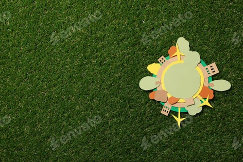 Preview: Paper planet Earth with trees and houses on the grass