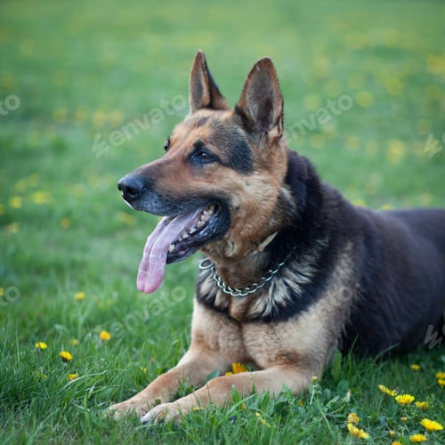 Preview: Clever German Shepherd dog lying in the spring grass, waiting fo