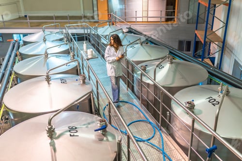 Preview: Woman working in beer factory inspecting brewing tanks