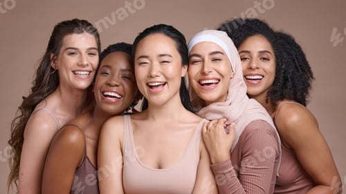 Preview: Happy, portrait and women with diversity and beauty, friends together and inclusion, pride in diffe