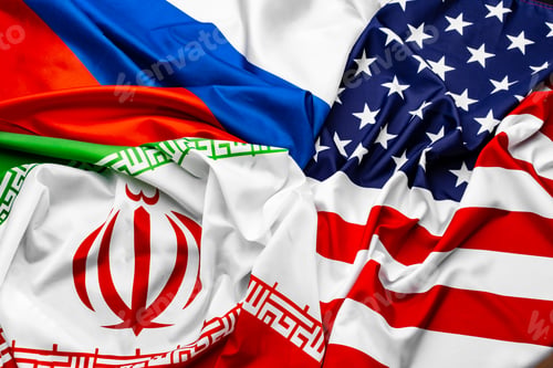 Preview: Flags of Iran, USA and Russia together top view