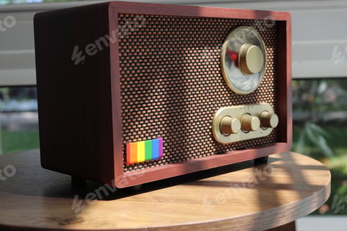 Preview: Vintage brown radio with a pride flag on a wooden table