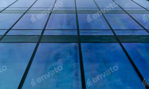 Preview: Perspective view of modern futuristic glass building abstract background. Exterior of office glass