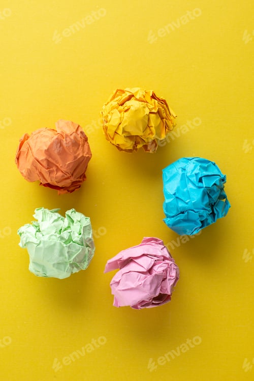 Preview: top view colored squeezed papers on yellow background photo color electricity bright copybook light