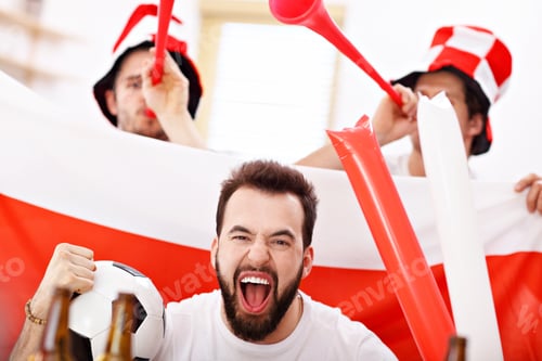Preview: Happy male friends cheering and watching sports on tv