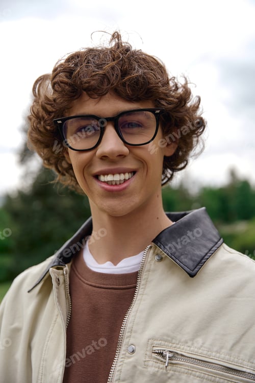 Preview: Young man enjoys a leisurely walk in nature with a joyful smile on a beautiful day