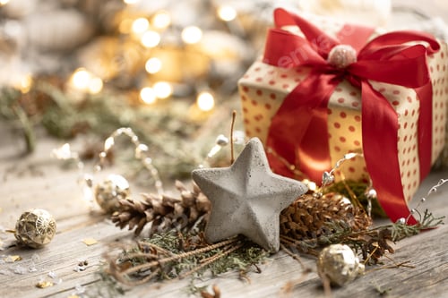 Preview: Christmas background with gift box and decor details.
