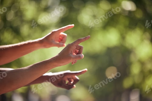 Preview: Pointing, gesture and hands in nature for bird watching, hiking and view. Summer, travel and finger
