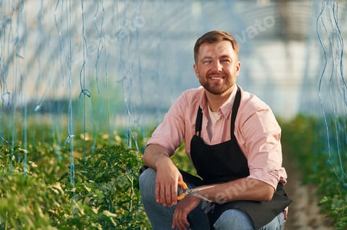 Preview: Scissors in hands. Man in greenhouse is working with plants