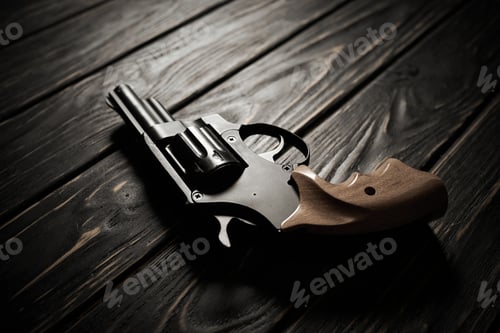 Preview: Revolver pistol on dark wooden background