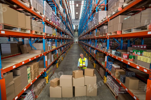 Preview: Metal shelving racks are holding stacked cardboard boxes and packaged goods in warehouse aisle