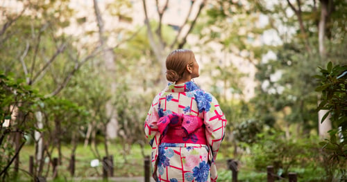 Preview: Back, Kimono and walking with woman in park to explore green location for sightseeing or tourism. F