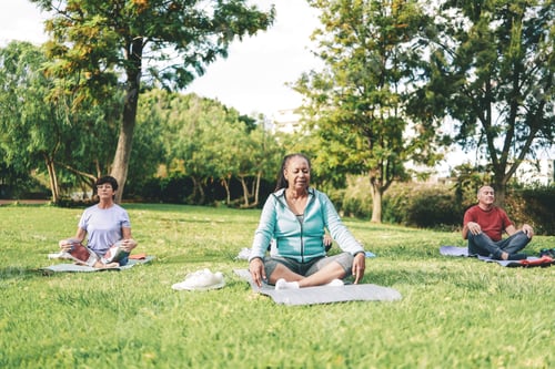 Preview: Meditation, Senior people doing yoga meditation training at park city