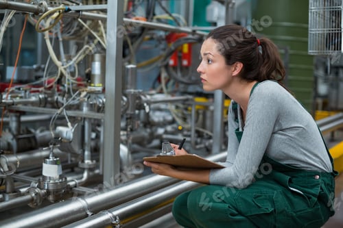 Preview: Female factory worker maintaining record on clipboard in factory