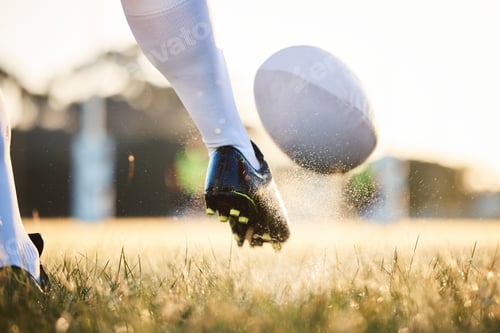 Preview: Rugby ball, feet kick and sport game with support, exercise and competition with athlete goal train
