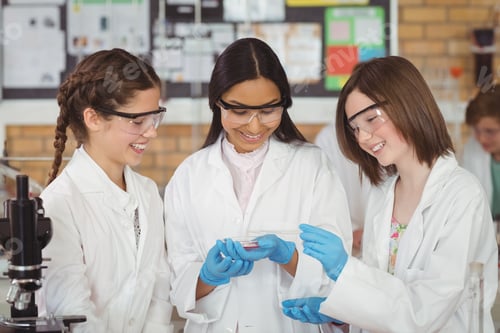 Preview: Smiling schoolgirls doing a chemical experiment in laboratory