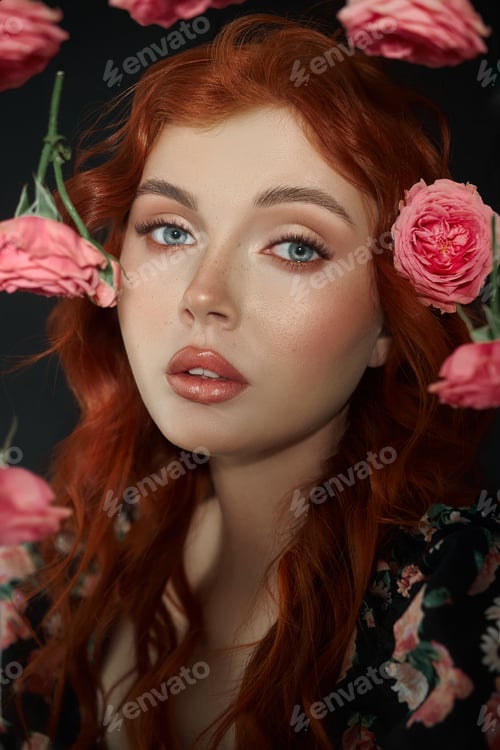 Preview: Woman with red hair poses among pink roses against dark background