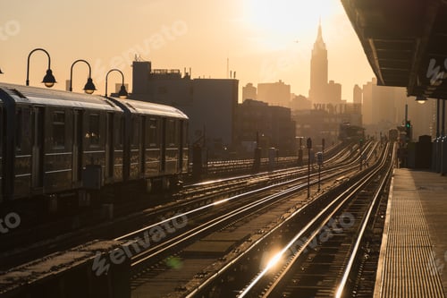 Preview: Railway station platform with trains coming and leaving and a city silhouette in the background