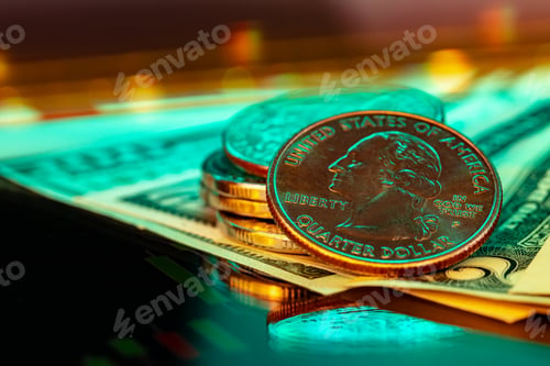 Preview: American dollar banknotes and coins on black background