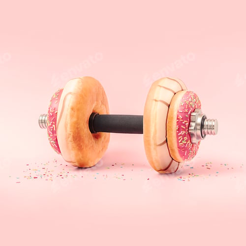 Preview: Creative concept for a healthy lifestyle. Dumbbell with donuts on a pink background.