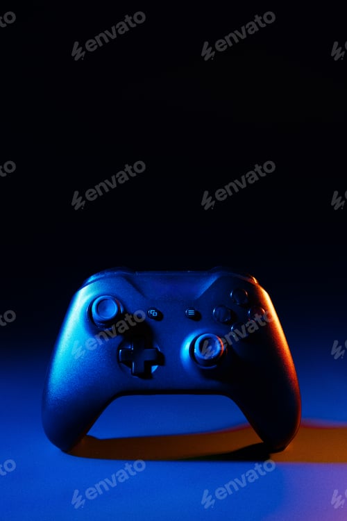 Preview: Gaming joystick on black background in neon light
