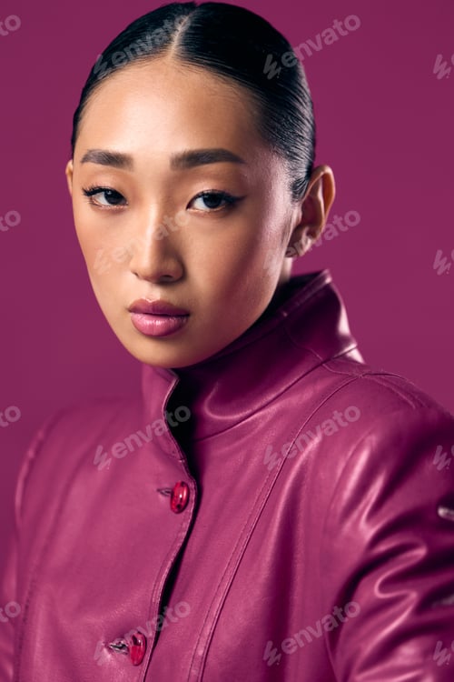 Preview: Fashionable asian woman in purple leather jacket posing with hands on hips and head tilted against a