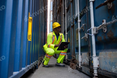 Preview: Male Container yard worker control and checking container.