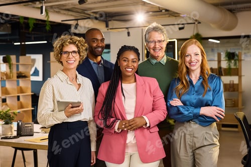 Preview: Portrait of happy multiethnic business team in office