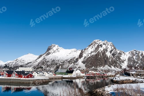 Preview: Waterfront houses and snow capped mountain, Svolvaer, Lofoten Islands, Norway