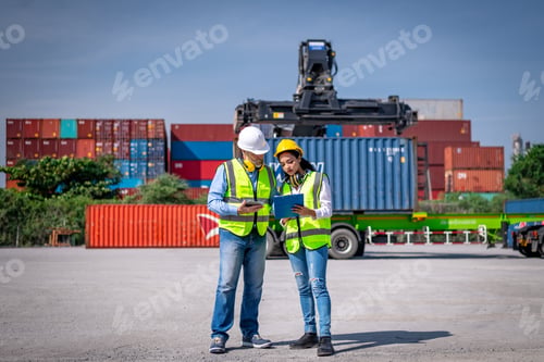 Preview: Engineers wearing safe uniform with radio communication working in the construction container dock y