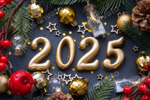 Visualização: As figuras douradas (20-25) feitas de velas em um fundo de ardósia de pedra preta são decoradas com um festi.