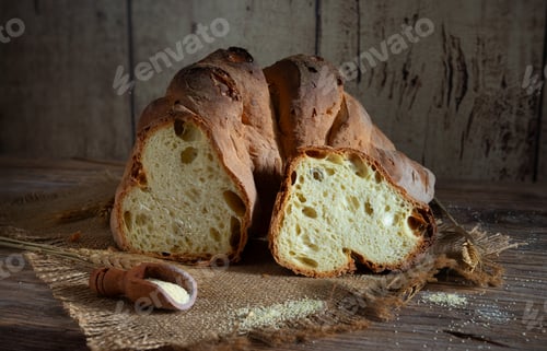 Preview: Matera bread, typical bread of basilicata region, italy, resting on rustic wooden table