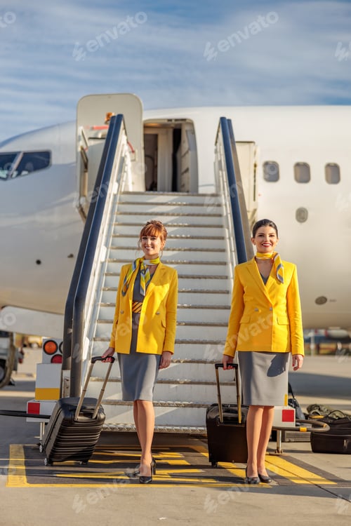 Preview: Cheerful women stewardesses standing near airplane stairs