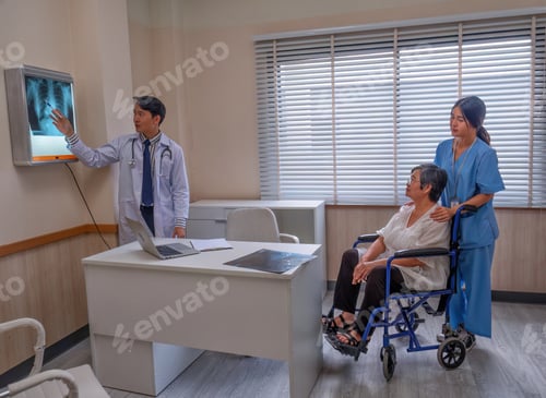 Preview: At hospital room patient sit on wheel chair looking x-ray film and listen doctor explanation