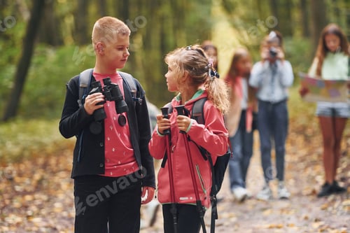 Preview: Group of people. Kids in green forest at summer daytime together