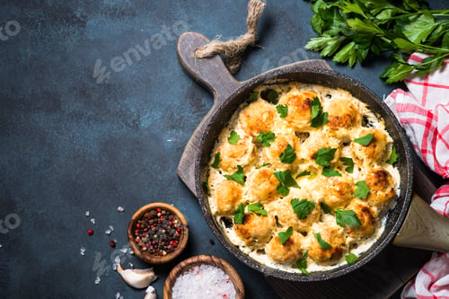 Preview: Meatballs in cream sauce on dark stone table top view.