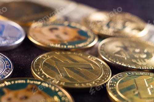 Preview: Concept of cryptocurrency with golden coins on a black surface